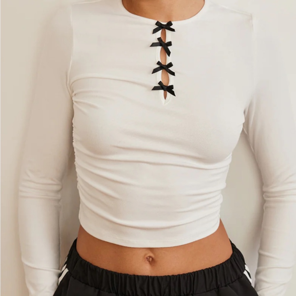 Commense White Crop Top with Black Bow Details